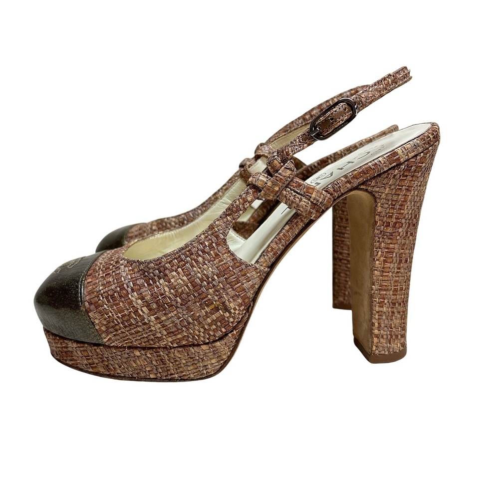 Chanel Tweed CC‎ Interlocking Bronze Raffia Slingback Platform Heels Cap Toe 37 - Picture 5 of 13